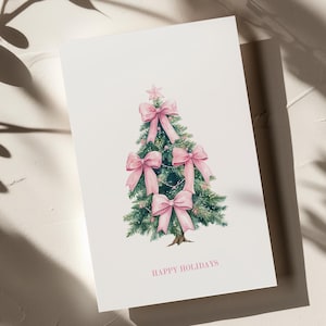 Cartão de árvore de Natal com laço rosa para imprimir | Download digital | Bonito e moderno | Cartão de felicitações para o feriado | Download instantâneo | Em branco