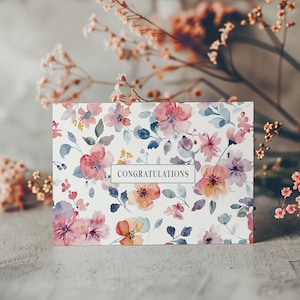Carte florale imprimable de félicitations, carte aquarelle de félicitations, téléchargement numérique, célébration, téléchargement immédiat, impression à la maison, blanc