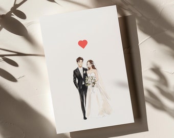 May include: A watercolor illustration of a wedding couple. The bride is wearing a white dress and the groom is wearing a black suit. A red heart is above them.