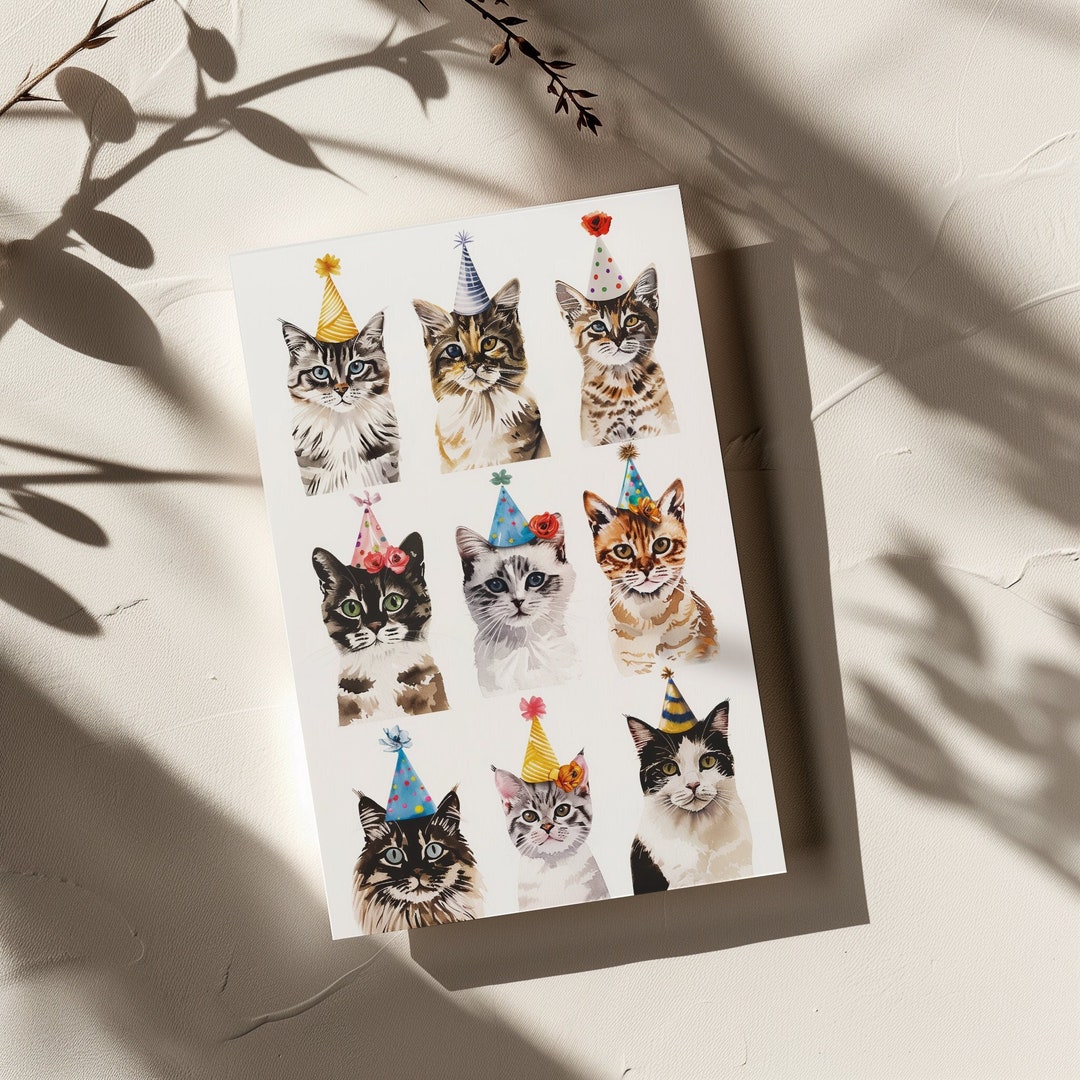 Printable Birthday Card, Cute Cat Lover Watercolor Card, Digital ...