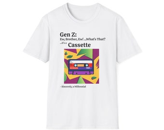 Camiseta con estampado de casete, camiseta millennial Gen Z, diseño retro, humor, camiseta de broma Gen Z, cassette millennial, ¿qué es ese hermano ew?