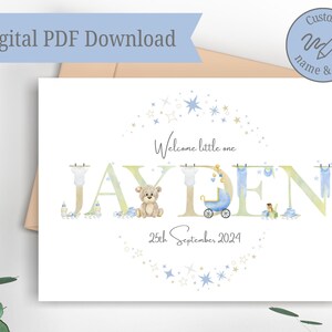 Digitale wenskaart om thuis af te drukken, gepersonaliseerde aangepaste naam, babyjongen gefeliciteerd geboortekaart, afdrukbare nieuwe baby