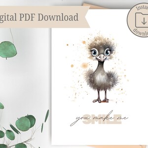 Digitale Grußkarte zum Ausdrucken zu Hause, sofortiger Download, druckbare Karte für jeden Anlass, niedlicher Vogel, Lächeln