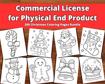 Peut inclure: Huit pages de coloriage sur le thème de Noël, en noir et blanc, présentant chacune un motif festif différent. Les motifs comprennent une canne en sucre d'orge, un sapin de Noël, le Père Noël, une chaussette, un bonhomme de neige, un bonhomme en pain d'épices, une cloche et une boule à neige. Le texte en haut indique "Commercial License for Physical End Product".