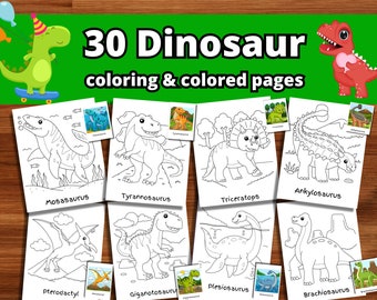 30 dinosaur coloring pages and colored pages | for kids toddlers preschoolers kindergarten homeschool | instant download | print at home