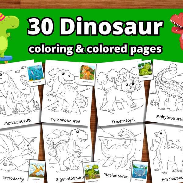 30 dinosaur coloring pages and colored pages | for kids toddlers preschoolers kindergarten homeschool | instant download | print at home