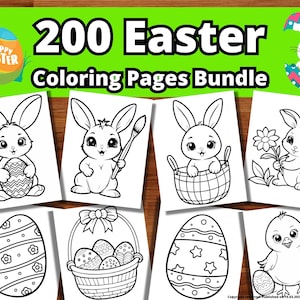 May include: A set of 200 black and white Easter coloring pages featuring bunnies, chicks, eggs, baskets, and flowers.  The pages are perfect for kids of all ages to color and celebrate the holiday.