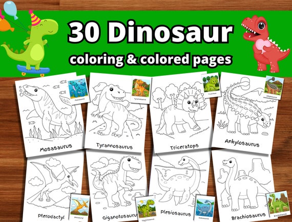 30 Dinosaur Coloring and Colored Pages for Kids, Toddler, Preschool, Home School - Instant Download