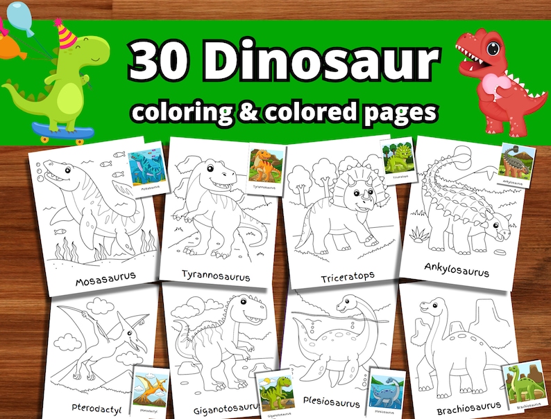 K&ouml;nnte beinhalten: Ein Set mit 30 Schwarzwei&szlig;-Malvorlagen von Dinosauriern. Die Seiten zeigen verschiedene Dinosaurier, darunter einen Mosasaurus, Tyrannosaurus, Triceratops, Ankylosaurus, Pterodactyl, Giganotosaurus, Plesiosaurus und Brachiosaurus.