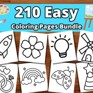 May include: A set of 10 black and white coloring pages featuring simple illustrations of a rocket, flower, light bulb, windmill, hearts, rainbow, ladybug, and a party hat.  210 Easy Coloring Pages Bundle.