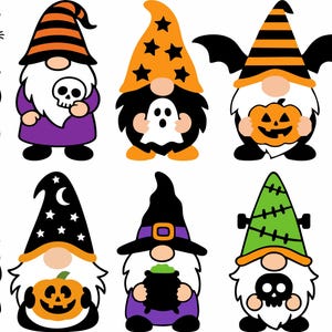 May include: Ten Halloween gnomes with different costumes and accessories. The gnomes are wearing hats, scarves, and holding items like a broom, a skull, a ghost, a pumpkin, a cauldron, a skull, a telescope, and a candy corn.
