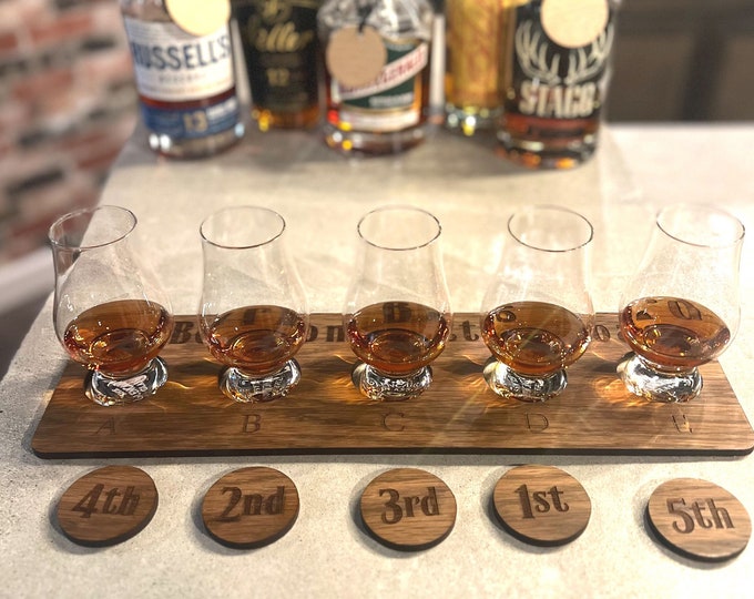 Personalized Bourbon Blind Tasting Board, Whiskey, Scotch, Perfect Gift for the Bourbon Enthusiast. Finished Hardwood Flights
