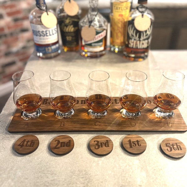 Bourbon Blind Tasting Board, With Official Glencairn glasses.  Whiskey, Scotch, Perfect Gift for the Bourbon Enthusiast. Hardwood Flights.
