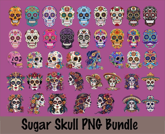 40 Designs Mexican Sugar Skull Clipart PNG Bundle - Dia De Los Muertos, Day oh the Dead