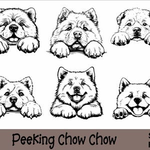 May include: Six black and white illustrations of Chow Chow dogs peeking over a surface. Each dog has a different expression, including happy, curious, and playful.