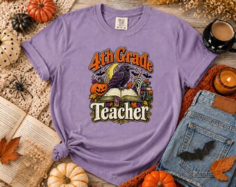Comfort Colors® 4th-grade-teacher-halloween-shirt-raven-book-teacher-t-shirt-vintage-spooky-classroom-tee-fourth-grade-teacher-gift