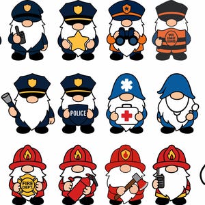 May include: A set of 12 gnome illustrations featuring different professions, including police officer, firefighter, and coast guard. Each gnome is wearing a different hat and uniform, and holding a prop related to their profession.