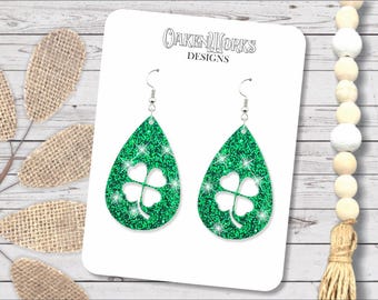 4 Leaf Clover Teardrop Earrings - Green Glitter Acrylic - St. Patrick's Day Style - Green Shamrock Earrings, Shamrock Dangle Earrings