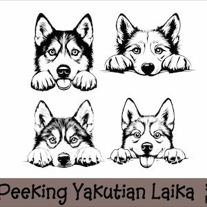 以下が含まれることがあります： 表面から顔をのぞかせているヤクート・ライカ犬の白黒イラストが4つあります。犬の頭と足が写っています。画像の下には「Peeking Yakutian Laika」というテキストがあります。