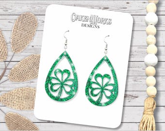 Shamrock Teardrop Earrings - Green Glitter Acrylic - St. Patrick's Day Style - Green Clover Earrings, Shamrock Dangle Earrings