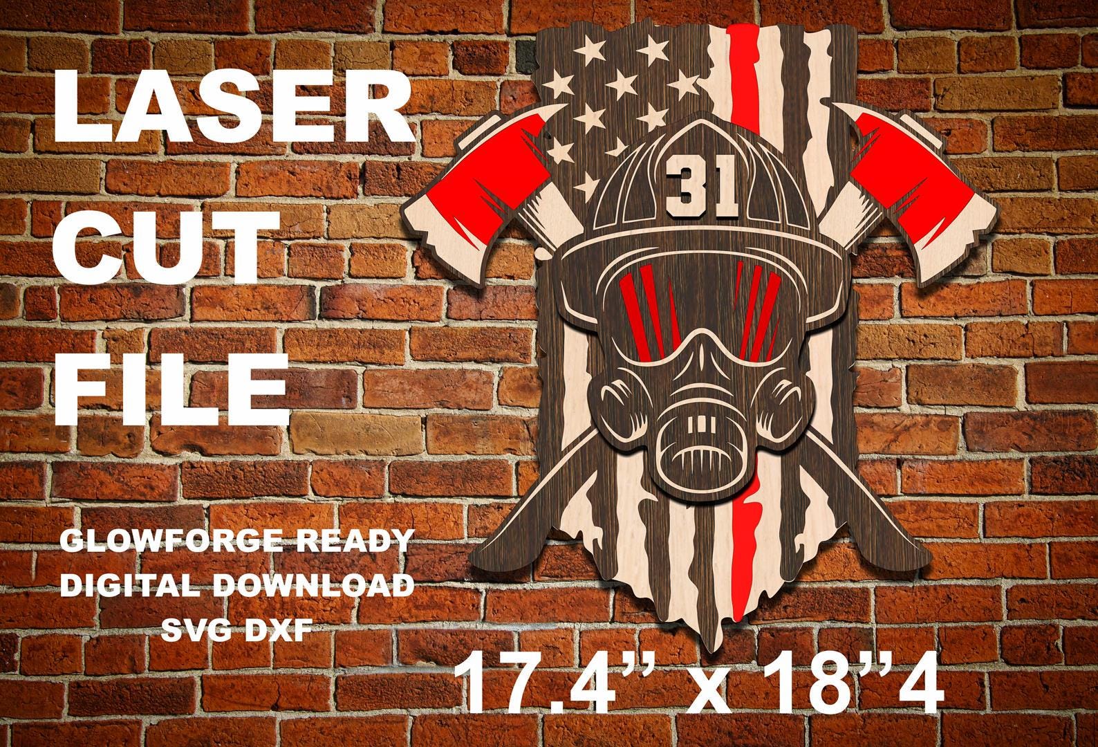 Firefighter Thin Red Line Flag with Mask & Crossed Axes - Laser SVG File - 17.5 x 18.5 inches finished - Glowforge Tested - SVG, DXF