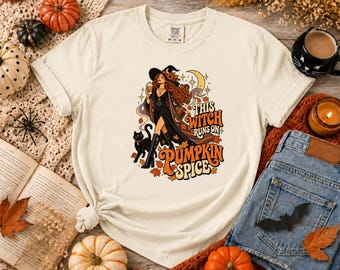 Comfort Colors® this-witch-runs-on-pumpkin-spice-shirt-halloween-witch-t-shirt-vintage-coffee-and-black-cat-tee-funny-autumn-gift