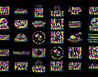 Retro sommar tie-dye bra videor PNG-paket, sommarvibbar, strand png, sommartid png, roliga strandcitat, sommarcitat, PNG-sublimering
