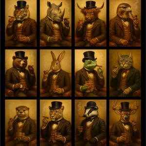 Puede incluir: Una colección de doce retratos que presentan animales antropomórficos vestidos con ropa formal. Cada animal, incluyendo un tigre, un rinoceronte y un oso, se representa fumando un cigarro y sosteniendo un vaso de líquido ámbar. Los retratos tienen una estética vintage, en tonos sepia.