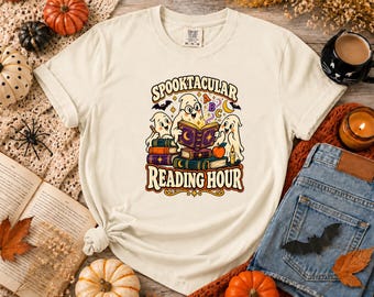 Comfort Colors® spooktacular-reading-hour-shirt-halloween-teacher-t-shirt-cute-ghost-reading-tee-librarian-book-lover-gift