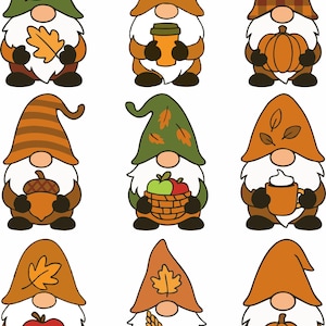 Peut inclure: Neuf gnomes illustrés sur le thème de l'automne. Chaque gnome porte un chapeau différent et tient un objet d'automne différent, comme une citrouille, un gland, une tasse de café, des pommes et du blé.