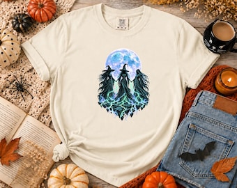 Comfort Colors® three-witches-moon-shirt-gothic-coven-t-shirt-mystical-witch-halloween-tee-green-summoning-dark-fantasy-gift