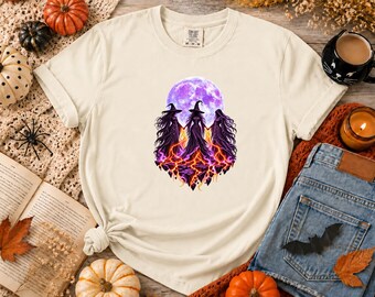 Comfort Colors® three-witches-moon-shirt-gothic-coven-t-shirt-orange-witch-halloween-tee-fire-summoning-dark-fantasy-gift