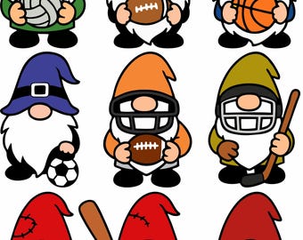 Sports Gnome Bundle SVG PNG DXF Eps Jpeg | Football Soccer Baseball Basketball Volleyball Coach Gnomes | Cricut Clipart | Sports Fan