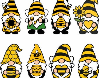 Paquete SVG de gnomos de abejas / 8 diseños de gnomos con temática de abejas / PNG, DXF, EPS, JPEG / Lindos gnomos de dibujos animados para Cricut y corte láser