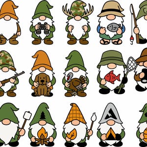 May include: A set of 12 illustrated gnomes, each with a different hobby or activity. The gnomes are wearing various hats and clothing, and each gnome is holding an object related to their hobby. The gnomes are all smiling and have white beards.
