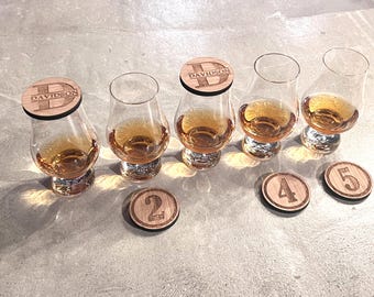 Personalized Glencairn Bourbon Whiskey Glass Tasting Toppers - Numbers 1 - 5, Vapor Control Cover (Glass not included) - White Oak