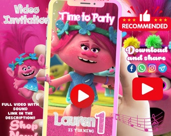 Trolls Video Birthday Party Invitation, Trolls Birthday Party, Trolls Video Animated Birthday Invitation para niñas