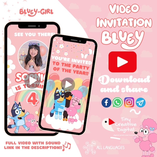 Bluey birthday Invitation, Bluey video invitation, Bluey Girl invitation, Video Invitation Girl, Bluey Bingo invitation, birthday Invitation