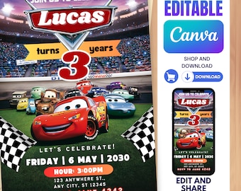 Cars Birthday Invitation, Lightning McQueen Invitation, Kids Birthday Invitation, Editable and Printable Digital Invitation, Cars Invitation