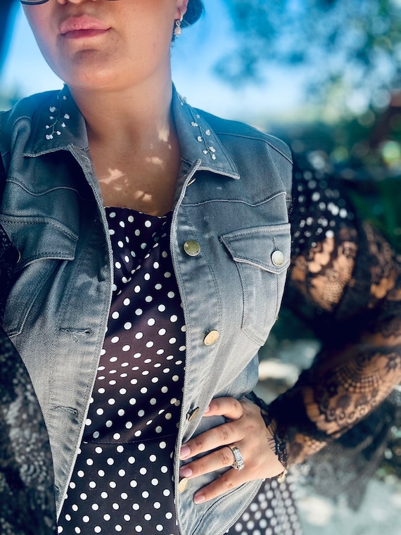 Denim Jacket With Black Lace Arms and Embroidered Collar - Etsy