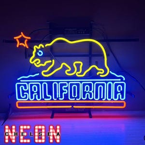 California Neon Sign – Real Glass Bear State Light for Garage, Bar, Man Cave, Wall Decor, Retro California Flag Art Gift