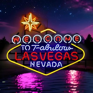 Bienvenido al fabuloso bar de cerveza de Las Vegas, decoración de pared, arte de cueva para hombre, regalos hechos a mano personalizados, letrero de neón de vidrio real personalizado para pub, 24 x 20 pulgadas