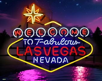 Bienvenido al fabuloso bar de cerveza de Las Vegas, decoración de pared, arte de cueva para hombre, regalos hechos a mano personalizados, letrero de neón de vidrio real personalizado para pub, 24 x 20 pulgadas