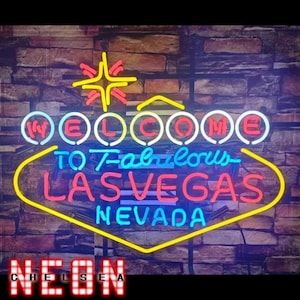 Bienvenido a la fabulosa Las Vegas Nevada, arte de neón de vidrio real hecho a mano para el hogar, bar o negocio, regalo de decoración perfecto con temática de Las Vegas de 24 x 20 pulgadas