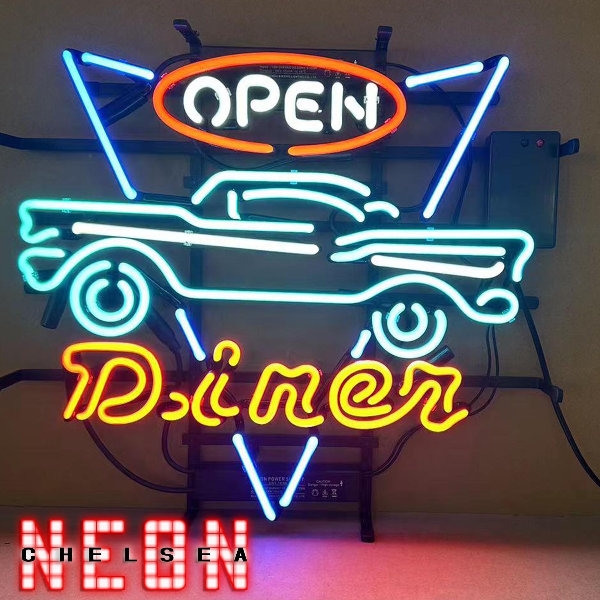 Letrero de neón de Open Diner, letrero de neón de The Garage, letrero de neón de vidrio real hecho a mano personalizado, luz de cueva de hombre, decoración de club de autos, 19 x 17 pulgadas