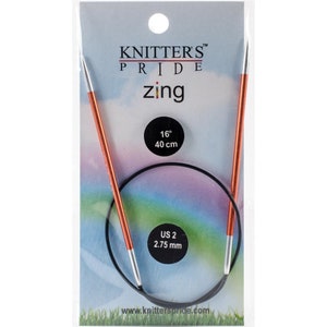 May include: A pair of 16-inch, US size 2 (2.75 mm) circular knitting needles in a plastic package. The needles are red and silver with a black cable. The package has the text "Knitter's Pride zing" on it.