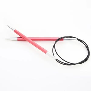 May include: A pair of pink circular knitting needles with a black cord.