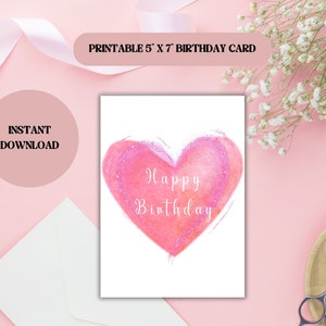 Pink Heart Birthday Card Digital Download Printable Card