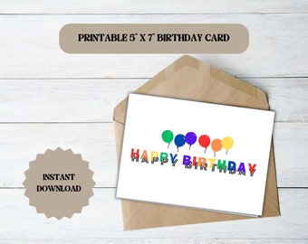 Scheda stampabile con download digitale di buon compleanno con palloncino arcobaleno