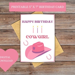 Cartão de aniversário de vaqueira, download digital, cartão para impressão